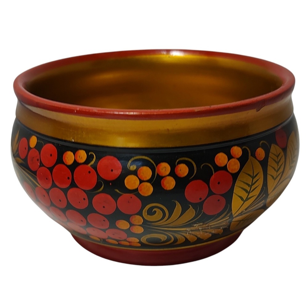Vintage Soviet Russian Bowl Khokhloma Laquered Wooden Hand Painted Folk Art